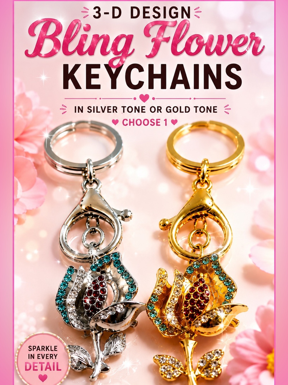 Flower Keychain w/Rhinestone accents in 3-D Style - Choose 1